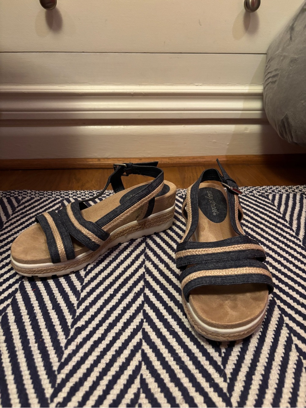 Easy Street Casual Blue and Natural Espadrille Wedge Sandals